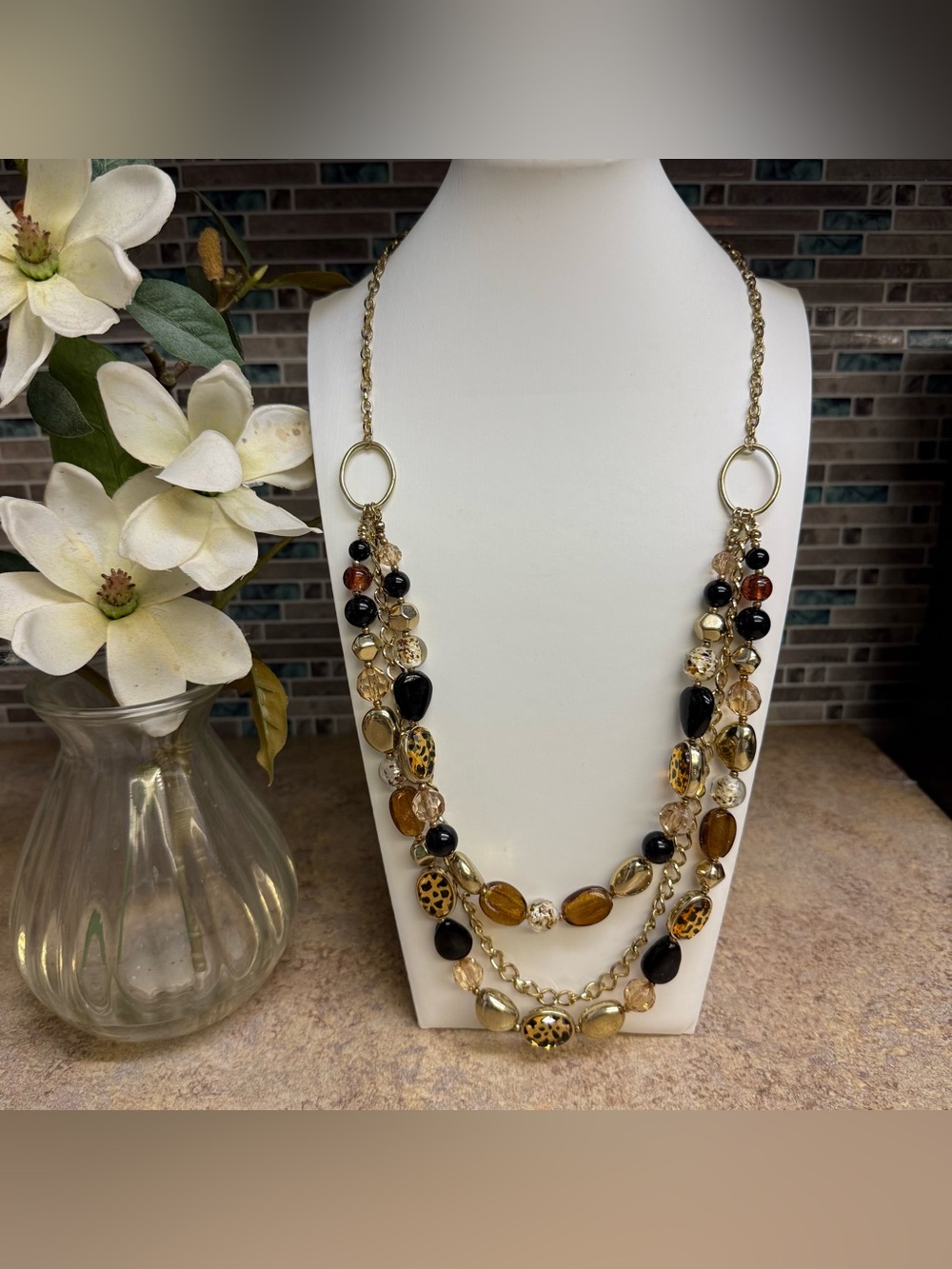 Leopard and Gold tone glass bead floating necklace